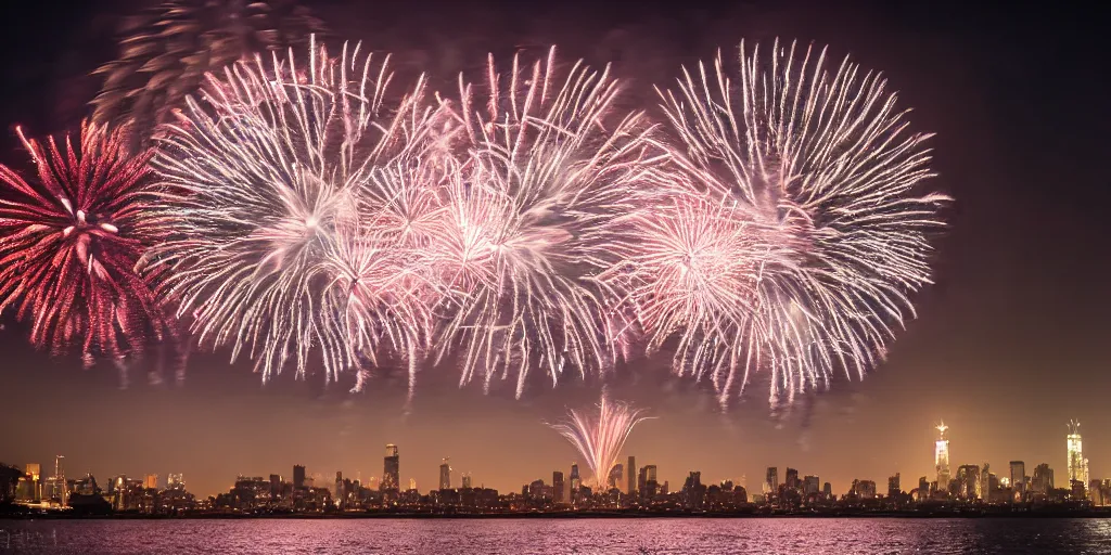 Prompt: amazing fireworks, view from ellis island, 4 th of july. sony a 7, f / 2. photography. photorrealism. high quality. high fidelity.