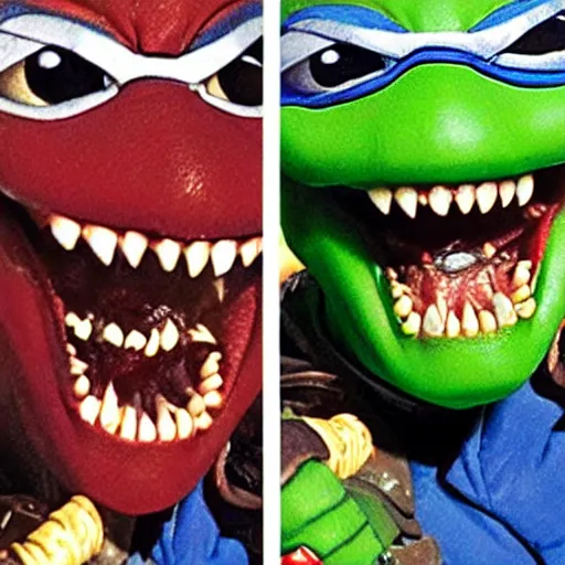Image similar to teenage mutant ninja turtles ultra lifelike, bloody teeth, eating people, color photograph
