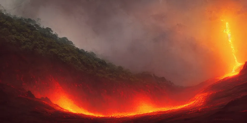 Prompt: A river of lava flowing through the lush amazon jungle, anato finnstark, greg rutkowski, john howe, artstation, dramatic