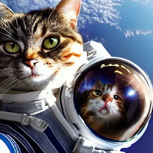 Image similar to Cat astronaut taking a selfie high above earth 8k hyper realistic