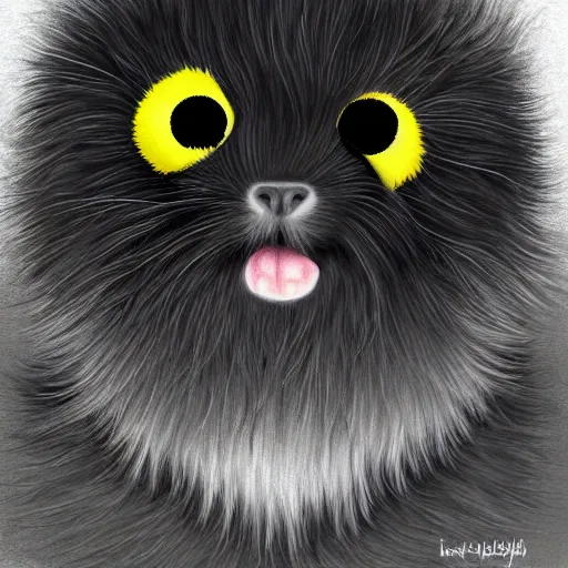 Prompt: yellow background, cute black fluffy ball with big black eyes, digital art