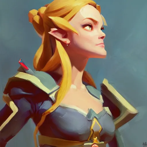 Image similar to greg manchess portrait painting of zelda as overwatch character, medium shot, asymmetrical, profile picture, organic painting, sunny day, matte painting, bold shapes, hard edges, street art, trending on artstation, by huang guangjian and gil elvgren and sachin teng