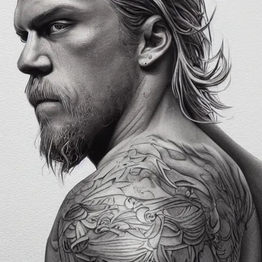 Prompt: Portrait of Jax Teller, intricate upper body, highly detailed, digital painting, artstation, concept art, smooth, sharp focus, illustration, art by Hajime Sorayama