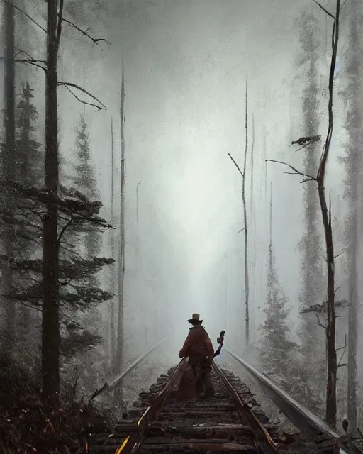 Image similar to a highly detailed epic cinematic concept art CG render digital painting artwork: Railroad worker in Siberian forest. By Greg Rutkowski, in the style of Francis Bacon and Syd Mead and Norman Rockwell and Beksinski, open ceiling, highly detailed, painted by Francis Bacon and Edward Hopper, painted by James Gilleard, surrealism, airbrush, Ilya Kuvshinov, WLOP, Stanley Artgerm, very coherent, triadic color scheme, art by Takato Yamamoto and James Jean