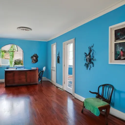 Prompt: Internal Real Estate Photos of a house haunted by smurfs.