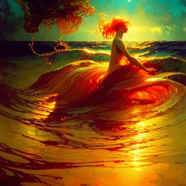 Image similar to mind bending ocean waves of glossy liquid honey drops flowing like psychedelic translucent amber, lsd waves, lsd ripples, backlit, sunset, refracted lighting, art by collier, albert aublet, krenz cushart, artem demura, alphonse mucha