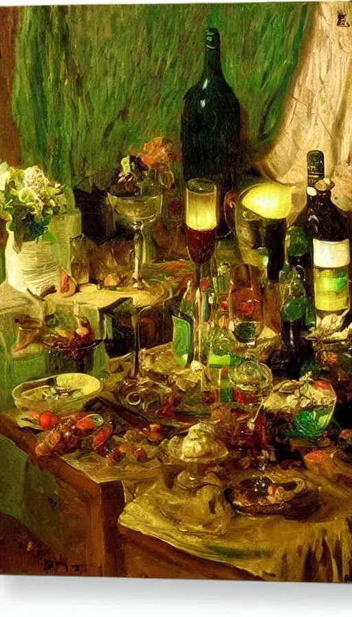 Prompt: still life painting of midsummer party and mysterious green light, by Peder Krøyer, golden hour, dramatic lighting, volumetric lighting, epic, gargantuan, intricate detail, canvas print, wine