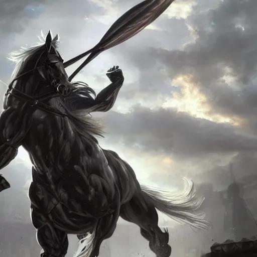 Image similar to splash art of a huge muscular black - coated anthropomorphic horse character with long white hair wearing tactical kevlar fabric, exaggerated muscle physique, highly detailed, furry, furaffinity, digital painting, artstation, sharp focus, illustration, weta digital, art by artgerm, greg rutkowski, alphonse mucha