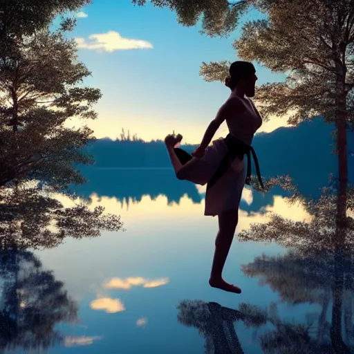 Image similar to A gorgeous woman doing karate moves in a white dress on a fallen tree at sunset, next to a lake with the reflection of her soul in it. Epic unreal Photorealistic render 8k