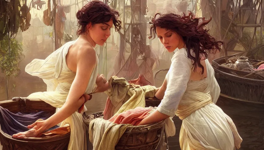 Image similar to perfectly-centered-Portrait of the most beautiful people on the planet, river, washing clothes, intricate, highly detailed, digital painting, artstation, concept art, smooth, sharp focus, illustration, Unreal Engine 5, 8K, art by artgerm and greg rutkowski and alphonse mucha