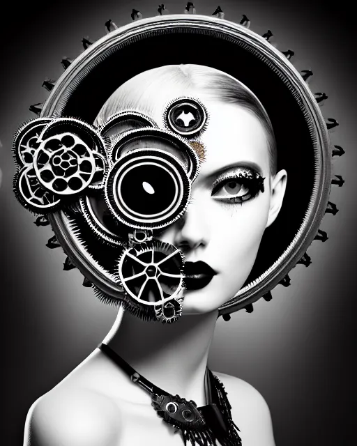 Prompt: black and white masterpiece profile portrait, one steampunk eye silver hexagonal meshes floral biomechanical beautiful young female cyborg, big monocular, volumetric light, hibiscus flowers, by hg giger, rim light, big gothic fashion pearl embroidered collar, 8 k