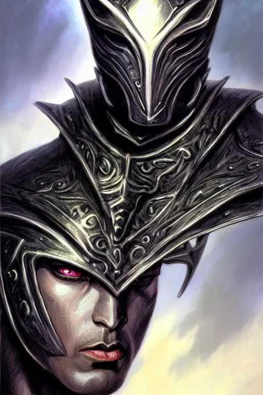 Image similar to head and shoulders portrait of an eldrich knight, drow, dark elf, shadar kai, armored, magical, male, black cat familiar, high fantasy, d & d, by boris vallejo, face details, extremely detailed, digital illustration