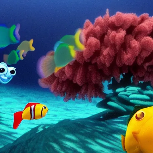 Image similar to a screenshot of a pixar film of two fish underwater watching a ship