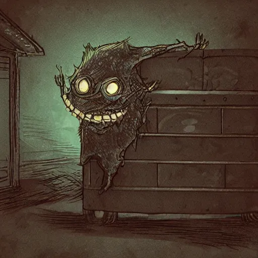 Image similar to A Trevor Hendorson styled monster hiding behind a dumpster in a dark alley with a power line running through it. Grainy, muted colors, hyper detailed, dark, dreary.