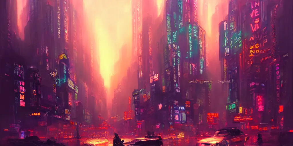 Prompt: New York City by Neon Light, in the style of Cyberpunk Impressionism, Krenz Cushart, Moebius, and Muchain, Prismatic, Rococo, Pearlescent, reflective, shimmering, highly detailed, masterpiece, dreamy, concept art, Cinema lighting, 8k, trending on artstation