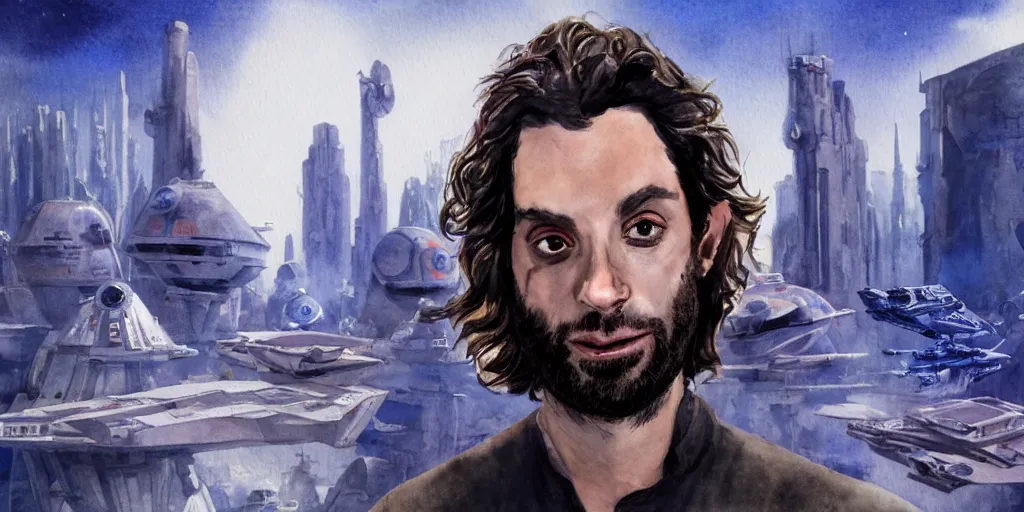 Image similar to a realistic star wars watercolor fantasy concept cart of chris d'elia as a drug dealer in a sleazy futuristic city of coruscant, hq, 4 k