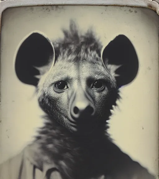 Prompt: professional studio photo portrait of anthro anthropomorphic spotted hyena head animal person fursona wearing casual tshirt clothes by Louis Daguerre daguerreotype tintype