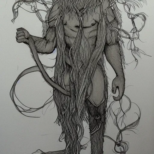 Prompt: male firbolg druid with vines for hair fantasy detailed drawing