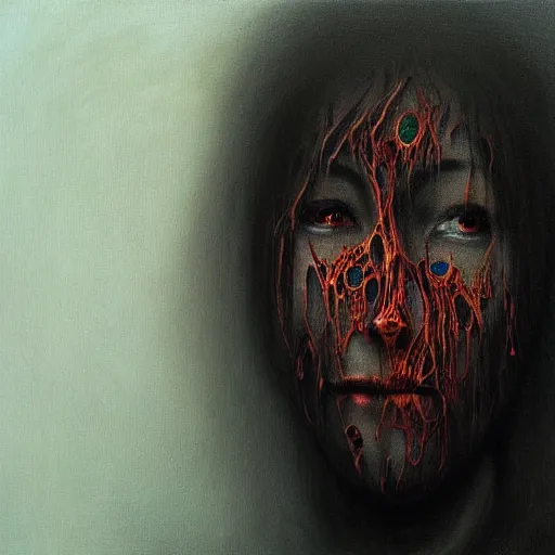 Image similar to dramatic portrait painting of sad woman with black mandelbrot fractal instead of face, in style of zdzisław beksinski, horror, body horror, dark, disturbing,