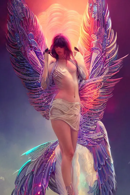 Image similar to portrait futuristic goddess angel Girl with wings and feathers, in future cyberpunk tokyo rooftop , ssci-fi, fantasy, intricate, very very beautiful, elegant, human anatomy, human structure, neon light, highly detailed, digital painting, artstation, concept art, smooth, sharp focus, illustration, art by tian zi and WLOP and alphonse mucha