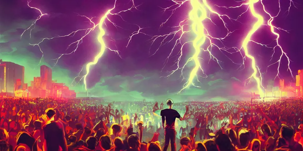 Image similar to Lightning storm while rapper performs on stage, digital art, vapor wave, hip hop, blade runner, trending on Artstation, professional artist, detailed, 4k