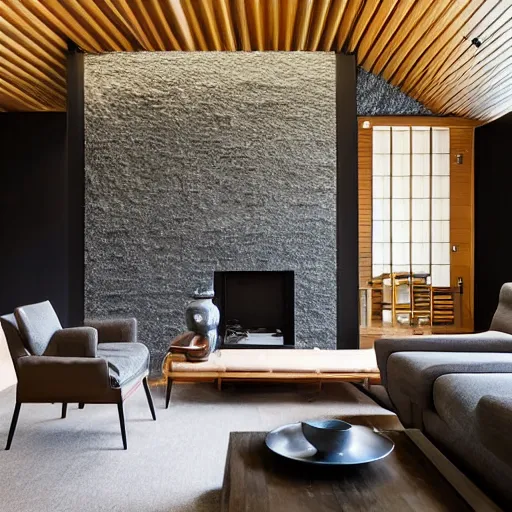 Image similar to lounge and dining room, stone, interior design, stylish luxury hotel living room design, yakisugi, black vertical slatted timber, textures, feminine, black walls, art, Japanese pottery vase with flowers, kakejiku, seasonal, Japanese influences