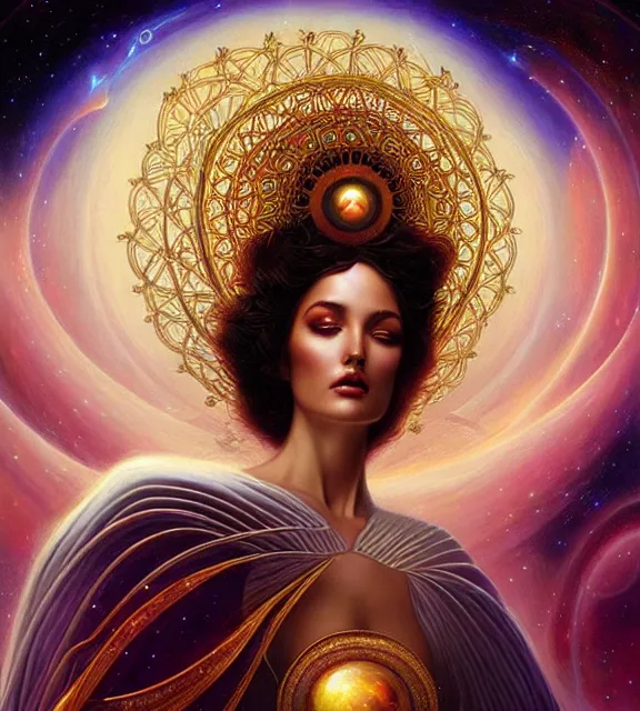 Prompt: goddess of the cosmos, astral background, tarot card, ornate, digital art by artgerm and karol bak
