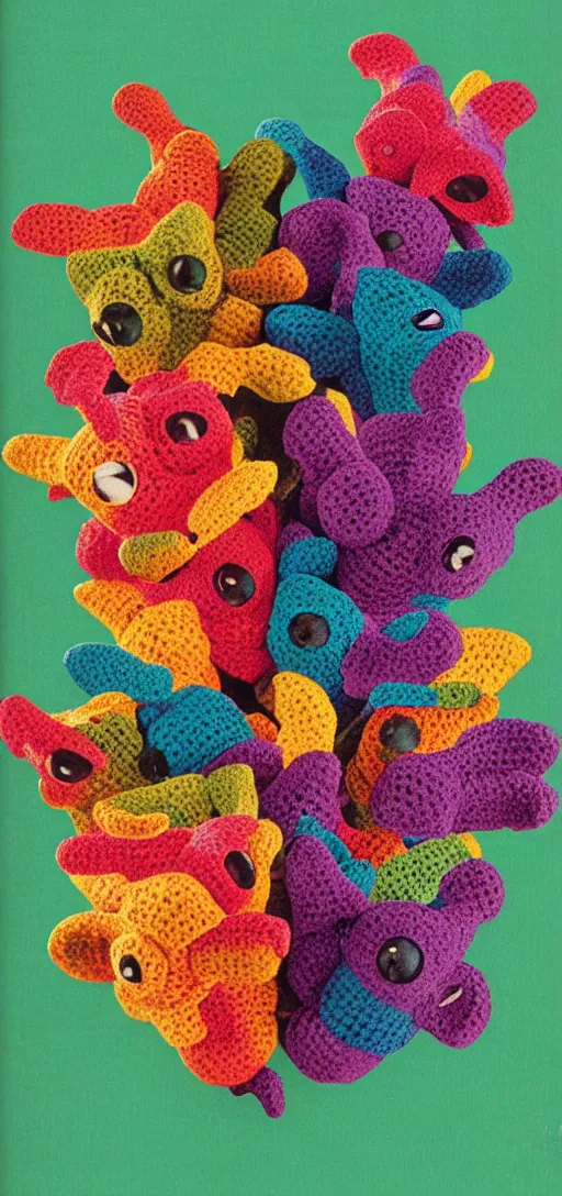 Prompt: multicolored crocheted bats, 1 9 8 0 s catalogue photography