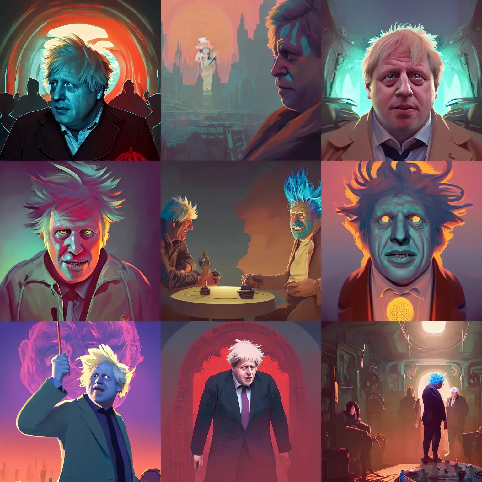 Prompt: boris johnson is rick sanchez, centered painted portrait, gloomhaven, matte painting concept art, art nouveau, beautifully backlit, swirly vibrant color lines, muted and dull colors, aesthetic octane render, 4 k 8 k hd resolution, by ilya kuvshinov and cushart krentz and gilleard james