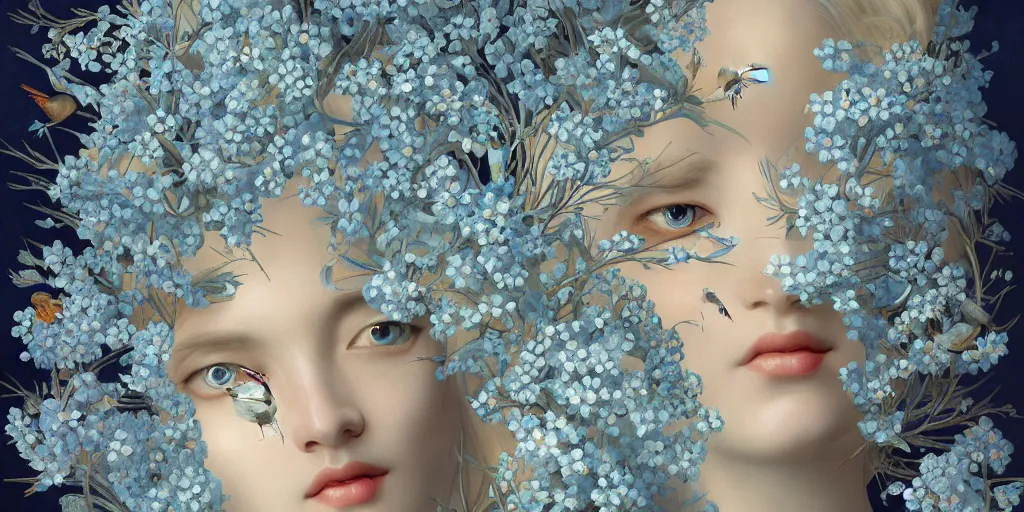 Image similar to breathtaking detailed concept art painting art deco pattern of blonde faces goddesses amalmation light - blue flowers with anxious piercing eyes and blend of flowers and birds, by hsiao - ron cheng and john james audubon, bizarre compositions, exquisite detail, extremely moody lighting, 8 k