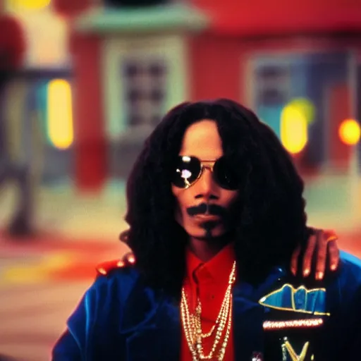 Image similar to a 1980s film still of Snoop Dogg dressed as Michael Jackson, 40mm lens, shallow depth of field, split lighting