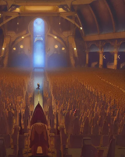Prompt: fantasy movie scene digital matte painting of a crowd in a futuristic church by craig mullins and ghibli, strong contrast, priest, pews, ethereal, inviting, bright, raking light, unreal engine 5, hyper realism, realistic shading, cinematic composition, blender render, octane render, hdr, detailed textures, photorealistic, wide shot