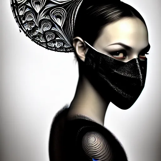 Image similar to portrait of a young beautiful woman with a mask. contemporary photograph and speed painting and fractal and mandelbulb and lines and scribble art. black and white. intricate, elegant, super highly detailed, professional digital painting, artstation, concept art, smooth, sharp focus, no blur, no dof, extreme illustration, Unreal Engine 5, Photorealism, HD quality, 8k resolution, cinema 4d, 3D, beautiful, cinematic