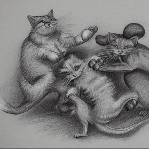 Prompt: cats fighting dogs and rats in a boxing match, detailed drawing, masterpiece