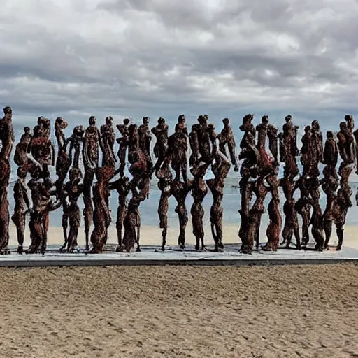 Image similar to This sculpture depicts a scene from the Spanish Civil War, which was a time of great turmoil and strife in Spain. The sculpture shows a group of people on a beach, with the ocean in the background. The people in the sculpture are all different sizes and shapes, and they are all looking in different directions. The sculpture is full of color and movement, and it is very expressive. The sculpture is also very powerful and emotional, and it has a very strong impact on the viewer. illuminated codex gilded by Victor Adame Minguez, by Robert Vonnoh elaborate, offhand