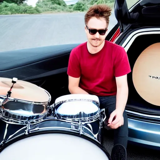 Prompt: a drum player playing the drums in the trunk of a tesla