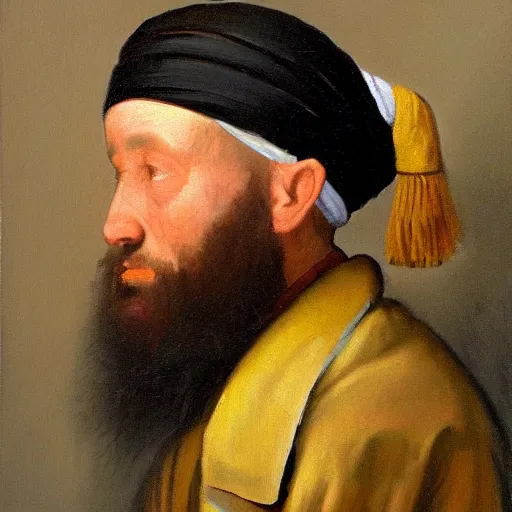 Prompt: oil painting portrait of old orthodox jewish man from 1 9 th century in the style of vermeer.