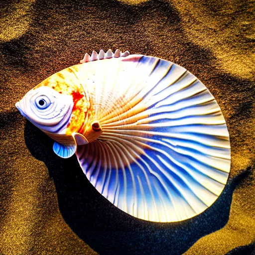 Prompt: a seashell sculpture of a fish, photorealistic, macro lens, 4K