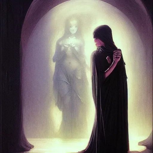 Image similar to awe-inspiring award-winning concept art painting of attractive figure in black shrouds as the goddess of the moonbow, rainbow, by Michael Whelan, William Adolphe Bouguereau, John Williams Waterhouse, and Donato Giancola, cyberpunk, extremely moody lighting, glowing light and shadow, atmospheric, shadowy, cinematic, 8K,