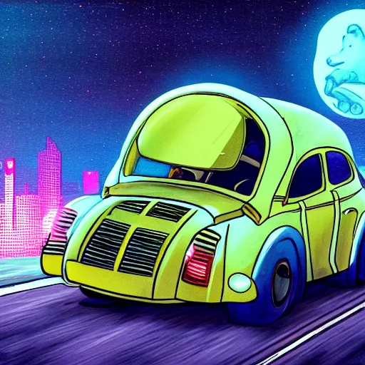 Image similar to a tardigrade driving a car, miami, nighttime, synthwave, detailed,