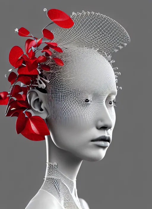 Prompt: complex 3d render ultra detailed of a beautiful porcelain profile young woman face, mechanical cyborg, 200 mm lens, beautiful studio soft light, rim light, silver gold red details, magnolia big leaves and stems, roots, fine foliage lace, mesh wire, Alexander Mcqueen high fashion haute couture, art nouveau fashion embroidered, intricate details, hyper realistic, ultra detailed, mandelbrot fractal, anatomical, facial muscles, cable wires, microchip, elegant, octane render, H.R. Giger style, 8k post-production