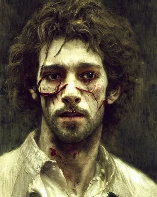 Image similar to a handsome but creepy man in layers of fear, with haunted eyes and wild hair, 1 9 7 0 s, seventies, wallpaper, a little blood, moonlight showing injuries, delicate embellishments, painterly, offset printing technique, by, jules bastien - lepage