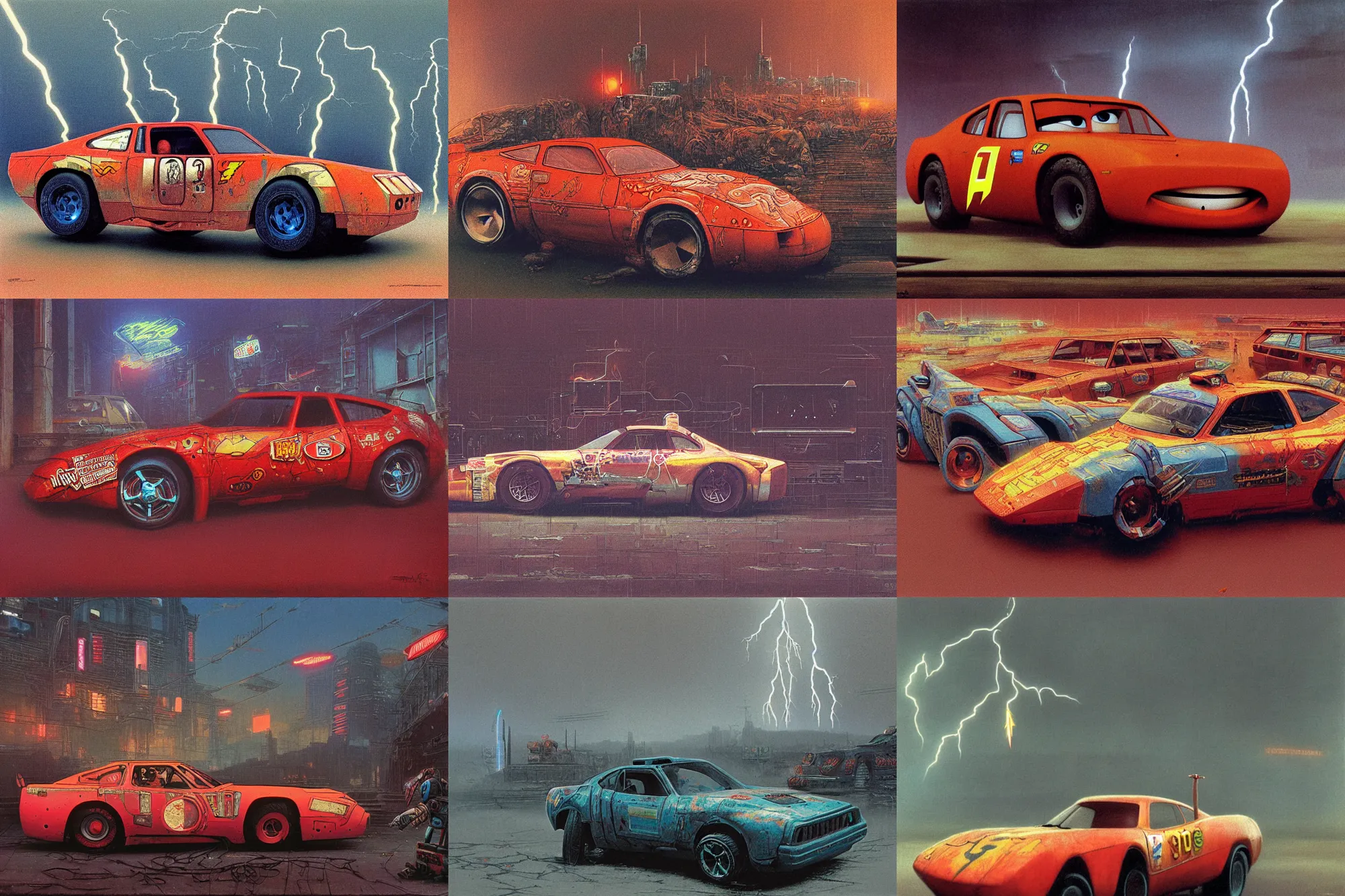 Prompt: a marketplace photo of a cyberpunk Lightning McQueen 1980, by Beksinski