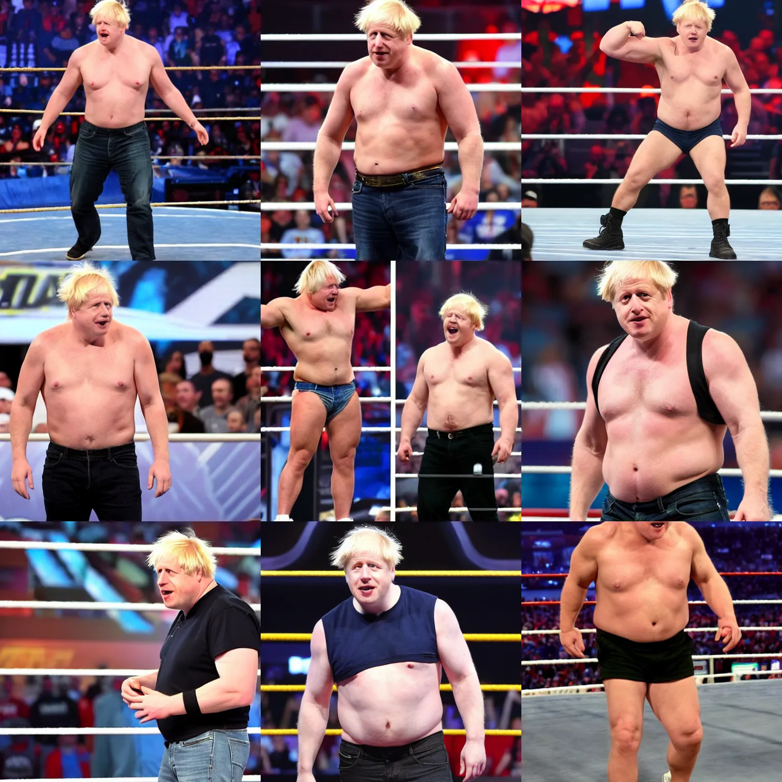 Prompt: boris johnson wearing a cap hat and jeans in wwe as a muscular wrestler