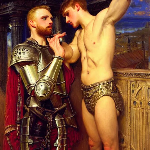 Image similar to attractive fully clothed arthur pendragon confesses his love for his attractive fully clothed male knight. highly detailed painting by gaston bussiere and j. c. leyendecker 8 k