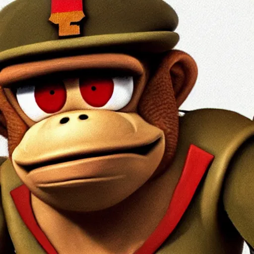 Prompt: portrait of donkey kong as a world war 1 soldier colourized close up