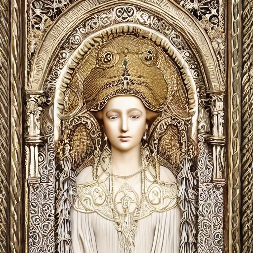 Prompt: portrait gracious saint, ornate headdress, wall craving filigree carved out of ivory, flowing robes, intricate insanely detailed
