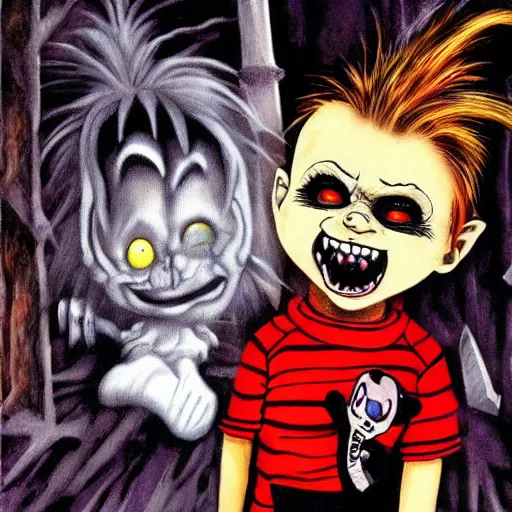 Prompt: emo fantasy painting of chucky by dr seuss | horror themed | creepy