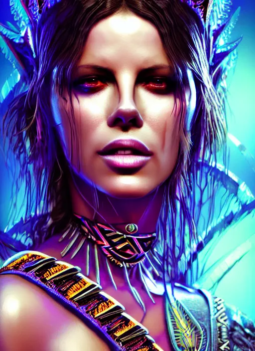 Prompt: hyper detailed ultra sharp aztec underworld warrior trance girl, beautiful face, kate beckinsale. trending on artstation, warpaint aesthetic, earthwave, colorful, neon, ornate, intricate, digital painting, concept art, smooth, sharp focus, illustration, art by artgerm and greg rutkowski and h. r. giger, 8 k