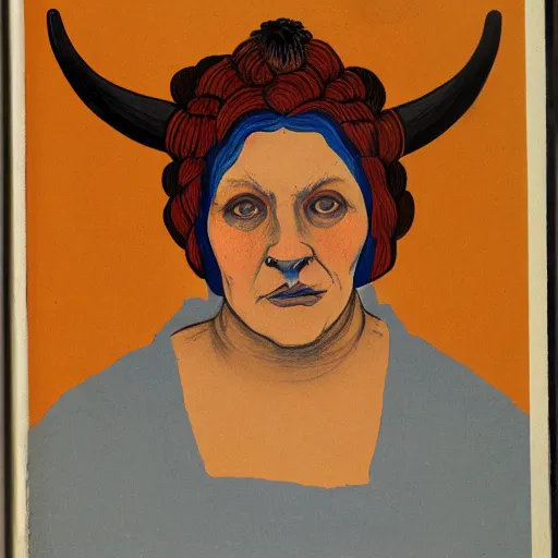 Prompt: illustrated portrait of ugly ram-horned woman with orange skin and blue hair